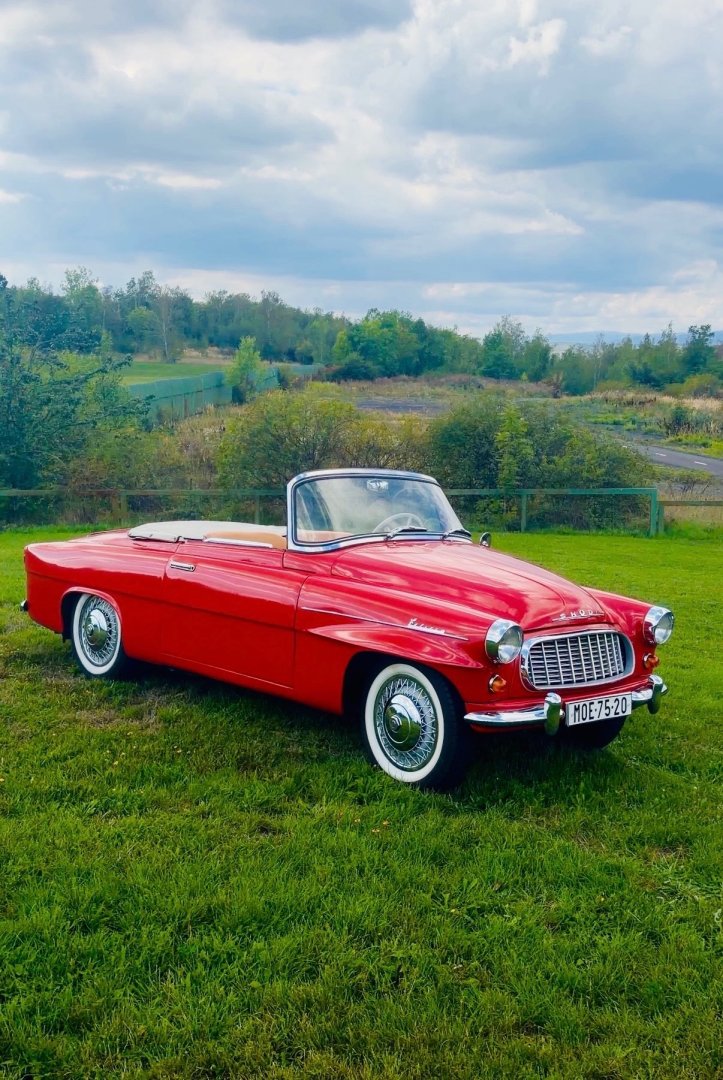 Elegantný červený veterán Svatební Škoda Felicia kabriolet zaparkovaný na zelenej lúke pod zamračenou oblohou.