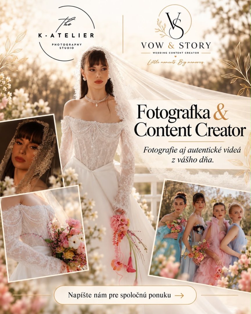 Reklamný vizuál pre svadobnú fotografku a content creatora so zábermi nevesty v čipkovaných šatách a družičiek v exteriéri.