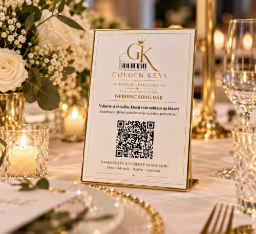 Elegantná zlatá ceduľka Wedding Song Bar od Golden Keys | Patrik Bohunský na svadobnom stole s QR kódom pre výber skladieb na želanie.